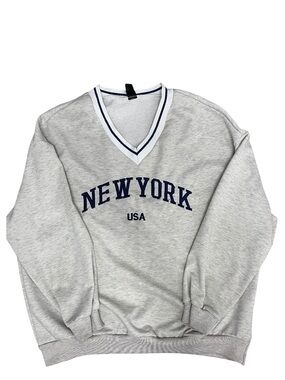 SHEIN Gray V-Neck Sweatshirt with Navy 'NEW YORK USA' Print